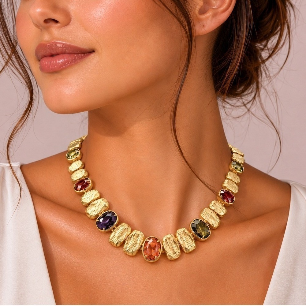 Gold Tone Choker Necklace Multicolor Faceted Faux Gemstone Statement Boho Glam